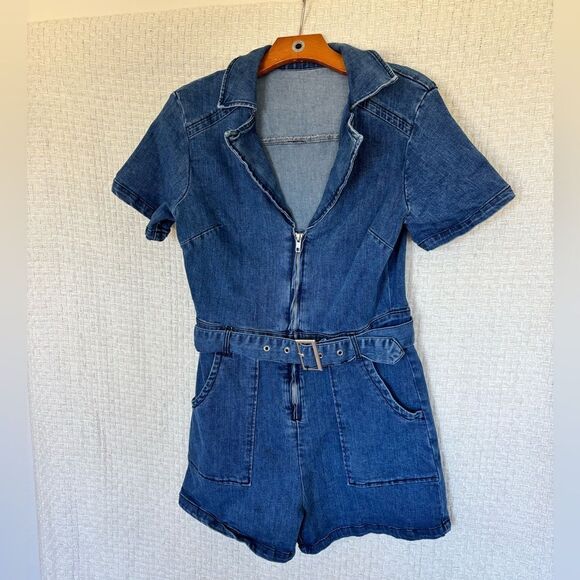 Denim Romper Zip Up Belted Short Jean Jumpsuit with Pockets ✨ - Picture 2 of 4